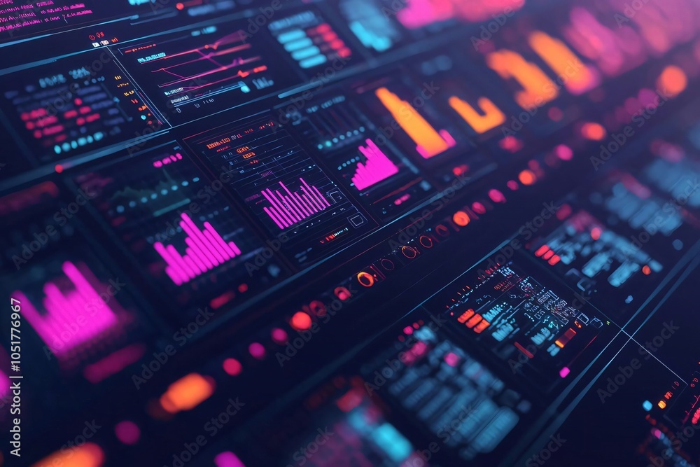 Poster futuristic digital interface showcasing vibrant graphs and data visuals for analytics and technology