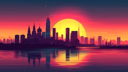 Obraz premium Flat silhouette of St. Basil's Cathedral in Red Square at dusk, featuring a bold gradient sky transitioning from dark blue to bright red and purple,