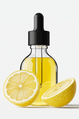 lemon and bottle, dropper bottle, cosmetic container, serum bottle, vitamin c serum, functional cosmetics, organic cosmetics, product photo,