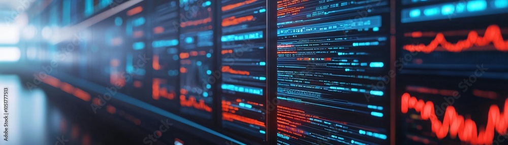 Poster high-tech data visualization screen displays graphs and metrics in neon blue and red colors, represe