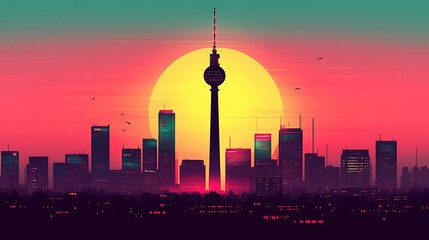 Obraz premium Flat silhouette of the Berlin skyline, featuring the TV Tower against a multicolored pastel sky with light pink, mint green, and pale yellow, creating a gentle and harmonious atmosphere.