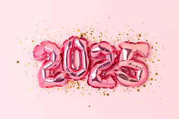 2025 New Year festive concept. Pink air balloons numbers and shiny stars confetti.
