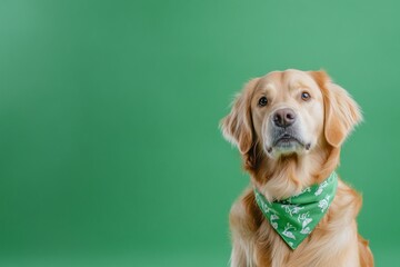 A golden retriever wearing a green bandana against a green background.