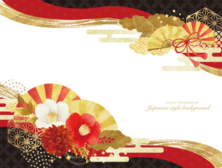 椿とゴールドの華やかな年賀状デザイン