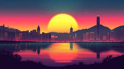 Naklejka premium Flat silhouette of the Hong Kong skyline, featuring the iconic cityscape against a vibrant sky with shades of deep blue, pink, and purple, creating a striking contrast and a dynamic,