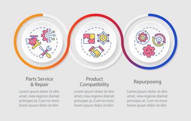 Reverse engineering uses infographics circles sequence. Parts repair and maintenance service. Visualization layout with 3 steps. Info chart loop process presentation. Myriad Pro-Regular font used