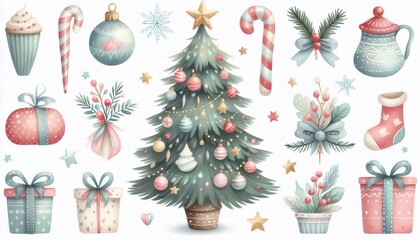 Cute watercolor christmas tree clip art, light pastel colors, kids art, highly detailed clip art, light lighting, highly detailed, white background