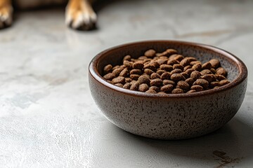 Close-up of a Brown Ceramic Bowl Filled with Dog Food