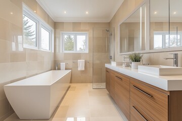 A bright and natural beige bathroom interior with white bathtub and plants