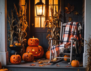 Obraz premium Cozy Halloween Porch Decor with Jack-o'-Lanterns, Corn Stalks, and Plaid Blanket by Lantern Light