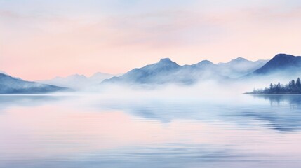 image of a reflective lake surface at dawn, with mist rising from the water