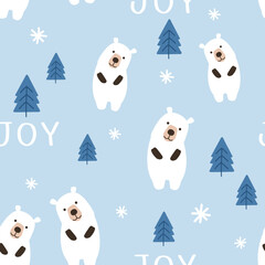 Christmas or New year seamless pattern with bear cartoon, pine tree, snowflakes and hand written fonts on blue background vector.