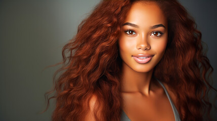 Portrait of smiling African American girl with long red hair silver background banner.