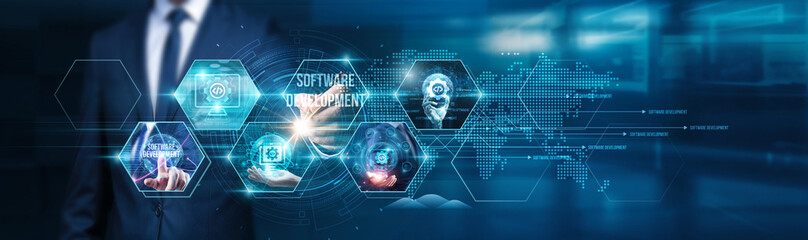 Businessman touch the future of technology and innovation, shaping the world with software development. Connects the dots between code and reality, building the digital future one line at a time.