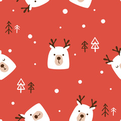 Christmas seamless pattern of cute bear cartoon with reindeer antlers, pine tree and snowflakes on red background vector. 