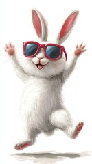 Cute White Bunny Wearing Sunglasses and Jumping