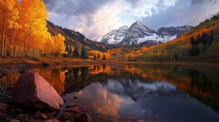 Obraz premium Autumn Charm of Mountains and Lakes The Harmony of Gold and Snow White