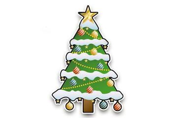 Obraz premium Pegatina de árbol de navidad con bolas de navidad, luces, guirnaldas estrella y nieve