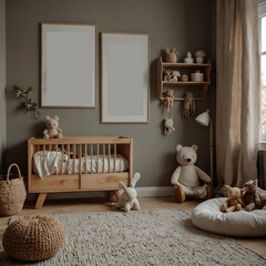 Nursery Room Interior Design, Mock-up  Poster Frame In A Kids' Room With Toys, Plush Animals, and Child Accessories. Generate Ai 