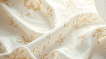 Delicate floral pattern adorns a soft, flowing white fabric, creating a background of elegance and texture.