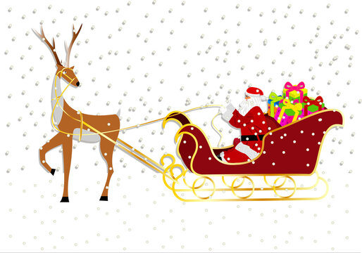 Papa Noel en un trineo tirado por renos, regalos y nieve