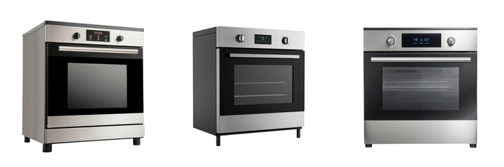 A modern stainless steel electric oven, isolated on a transparent background