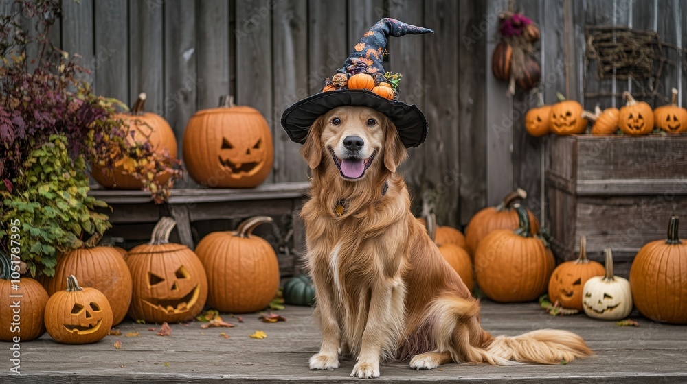 Wall mural this adorable golden retriever is wearing a halloween witch hat, lying on autumn leaves, with a jack