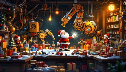 A whimsical scene of Santa’s workshop featuring colorful machines assembling toys and gifts, lively elves inspecting quality, gears turning, and festive lights flashing in the background