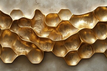 A stunning abstract piece of wall art featuring golden honeycomb shapes with a smooth finish,...