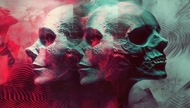 Two abstract faces morphing into a skull
