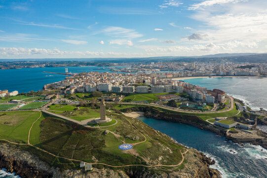 Aerial point of view of A Coruna city. Situated in Galicia province, in Northwest of Spain.  A Coru&ntilde;a is nowadays the richest region of Galicia and its economic engine. Famous travel destination.