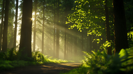 Obraz premium Sunlight streams through trees in a serene forest, highlighting lush greenery.