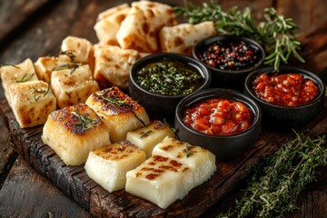 Deliciously grilled cheese platters with flavorful dips and fresh herbs