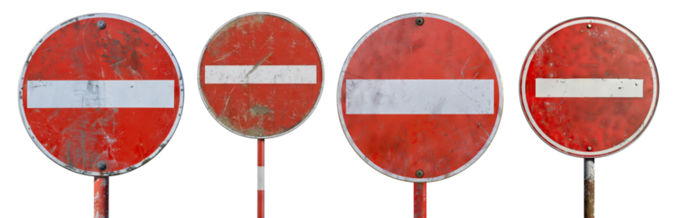 Set of weathered no entry road signs with white bars, cut out