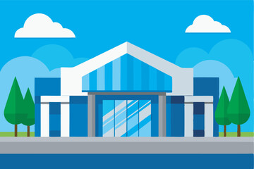 Obraz premium An image shows a modern building with blue pillars and a glass door. White stripes on the facade, trees on each side, under a bright blue sky with white clouds, creating a cheerful atmosphere.