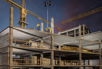 Naklejka premium Construction site of multipurpose building at night shift, 3D rendering