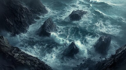 Fototapeta premium An aerial view of a dramatic and stormy seascape with crashing waves and jagged rocks.