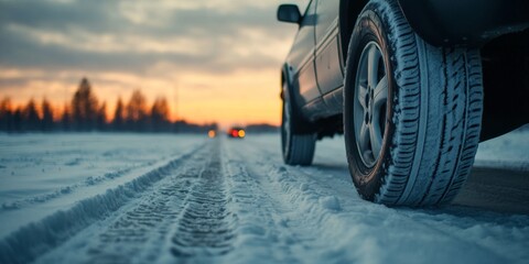 Car Tires on Snow-Covered Road