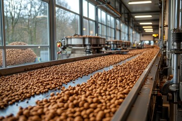 Naklejka premium Conveyor Belt Carrying a Stream of Brown Nuts in a Factory Setting