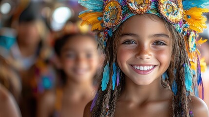 Fototapeta premium Cheerful young girl in carnival attire with a beautifully beaded headdress, embodying the lively and festive atmosphere of cultural celebrations...