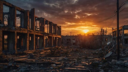 Fototapeta premium Abandoned urban ruins, concrete buildings in decay, apocalyptic landscape V8