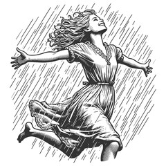 joyful woman dancing or running in the rain, symbolizing freedom and happiness sketch engraving generative ai fictional character raster illustration. Scratch board imitation. Black and white image.
