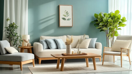 Wooden coffee table and chair. gray sofa against green wall