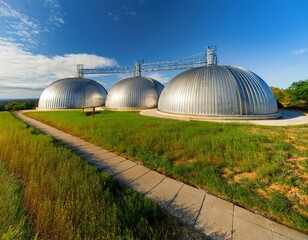 Obraz premium Three large silver biogas domes with ribbed metallic surfaces stand in a row along a dirt road, surrounded by green agricultural fields
