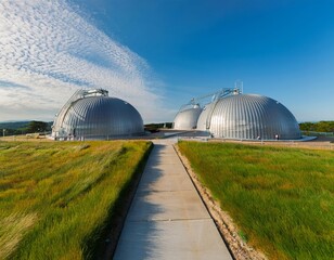 Obraz premium Three large silver biogas domes with ribbed metallic surfaces stand in a row along a dirt road, surrounded by green agricultural fields