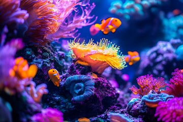 Vibrant underwater scene with colorful coral and fish.