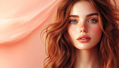 Fototapeta premium Portrait of a young woman with flowing hair, soft lighting, and a serene expression, set against a delicate peach background.
