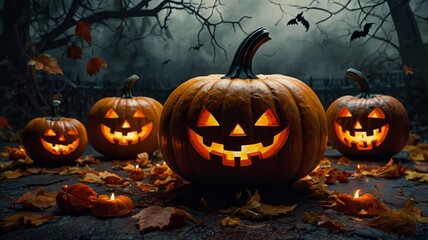 An eerie haunted road decorated with Halloween Jack-o'-lantern, spooky night atmosphere V4