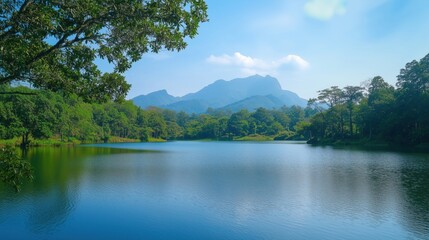 Obraz premium Scenic lake surrounded by mountains and lush greenery, clear blue sky