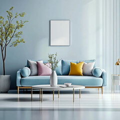 scandinavian interior design of modern living room with blue sofa